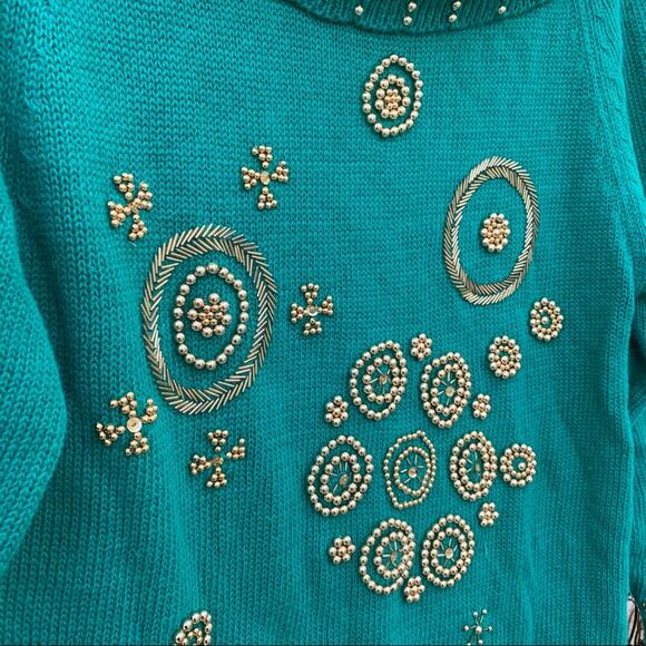 Vintage 90s teal gold art deco beaded cowl neck tunic sweater MEDIUM - Picture 5 of 9